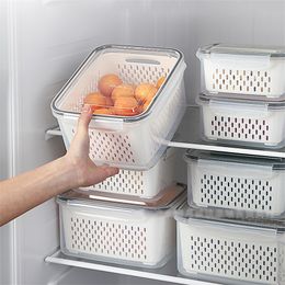 3pcs Refrigerator Storage Box Fridge Fresh Kitchen Organiser Vegetable Fruit Boxes Drain Basket Containers Lid 220212