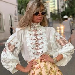 Embroidery Mesh Patchwork Lace Women's Shirts Blouse Bow Scarf Collar Lantern Long Sleeve Spring Female Clothing Fashion 210225