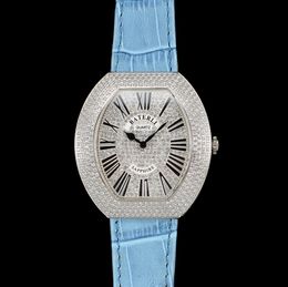 All diamond iced out Ladies watch Roman Numerals Blue Leather Strap Wristwatches Quartz Women clock