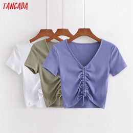 Tangada women pleated crop T shirt summer short sleeve v neck tees ladies sexy tee shirt street wear top 1D199 210609