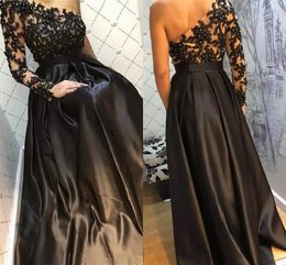 Black Evening Dresses One Shoulder Lace Applique Beaded Satin Custom Made New Prom Party Gown Floor Length Plus Size Vestidos 403 403