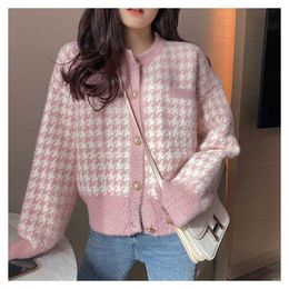 Korean Houndstooth Short Sweater Cardigan Jacket Women Elegant Imitation Mink Fleece Knitwear Tops Vintage O-neck Knitted Coats 211018