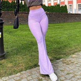 Sweetown Purple Ribbed Jogger Knitted Flare Pants Slim High Waist Aesthetic Trousers Female Vintage 90s Sweatpants 211124