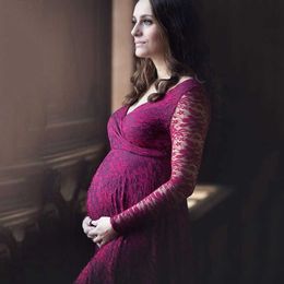 Women V Collar Long Dress Maternity Photography Props Lace Pregnancy Clothes Elegant Maternity Dresses for Pregnant Photo Shoot Y0924