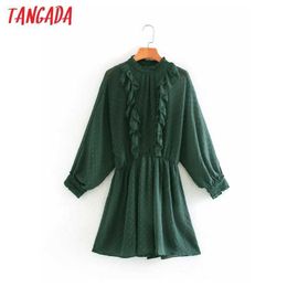 Tangada women vintage dots pattern playsuits ruffles elastic waist long sleeve rompers ladies casual chic jumpsuits 2W35 210609