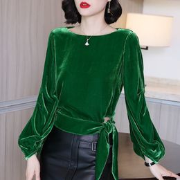 Korean Solid Velvet Women's Tops Long Sleeve Ruffles Blouses Ladies Shirt Tops Femme Plus Size 210225