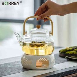 BORREY Handle Glass Teapot Heat-Resistant Flower Tea Kettle Large Clear Fruit Juice Container Ceramic Holder Base 210724