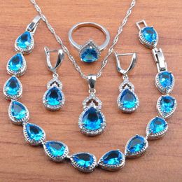 Summer refreshing Blue Crystal Jewellery Set Silver Colour Earrings Necklace Ring Bracelet Suit Wild skirt Daisy Jewellery set JS0322 H1022