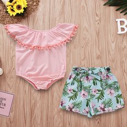 Baby Girls Clothes Sets Fashion Spring Autumn Girl Outfits 2pcs Pink Jacket +Printed Button Shorts Suit With Lotus Neck Ball Kids Clothing