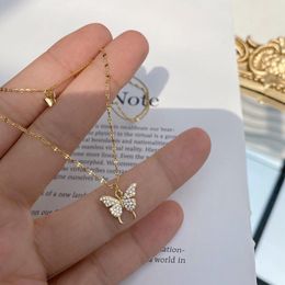 Pendant Necklaces Women's Bling Crystals Butterfly Double Clavicle Chain Elegant Gifts For Girls Fashion Jewelry Accessories Wholesale