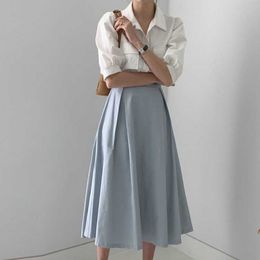 Women Two Piece Outfits Summer Retro Wear Thin Loose Puff Sleeve White Shirt +A Skirt Suit 210607