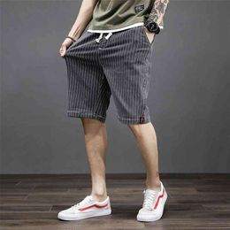 331 Men Summer Fashion Japan Style Cotton Striped Elastic Waist Drawstring Male Casual 7XL Large Size Classical Denim Shorts 210716