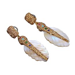 yellow stone stud earrings Australia - GuaiGuai Jewelry White Shell Feather Yellow Gold Plated CZ Paved Dangle Stud Earrings For Women Real Gems Stone Lady Fashion Jewellry