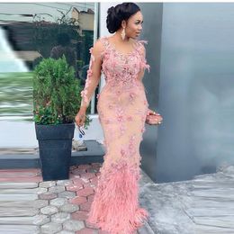 Pink Long Sleeve Feather Applique Beaded Mermaid Evening Dress Prom Show Party Bridesmaid Aso Ebi Style