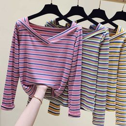 Long Sleeve T Shirt Women Spring Autumn Tops Striped Base Tees Female Casual V-Neck Pink T-Shirts Plus Size 210604