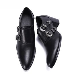 Men Shoes Pointed Toe Black Genuine Leather Dress Shoes Men 7.5 Heels High Buckles Men Dress Shoes Leather Party