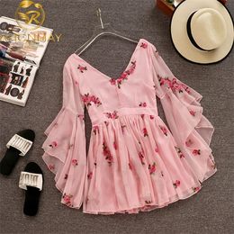 2020 New Fashion Summer Women's Sweet V Collar Flowers Embroidered Pink Chiffon Dress Slim Flare Sleeve Girls Short Dresses Y0118