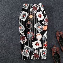 New-Coming Women Pencil Skirt High Stretch Personality Playing Card Printed Midi Slip Hip Skirt Female 210310