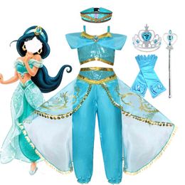 Girls Jasmine Dress Up Arabian Princess Costume Kids Jasmine Cosplay Birthday Party Costume Baby Girl Summer Dress 3-10 Years G1129