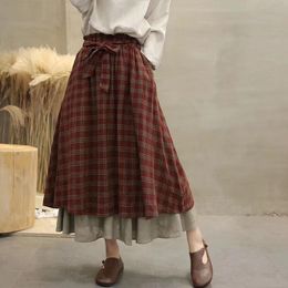 Lamtrip Unique Vintage England plaid Elastic waist A-Line bow belt layers skirt mori girl June new arrival 210225