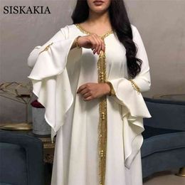 Siskakia Jalabiya Kaftan Dress For Women Dubai Turkey Golden Ribbon Embroidery Loose Muslim Arabic Islamic Clothing White 210915