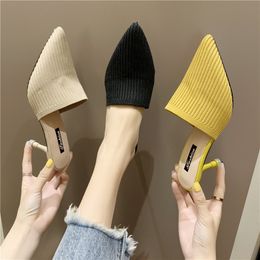 New Summer Shoes Pointed Toe Scuffs Vintage Slippers Stilettos Mid Heels Outside Wear Sandals for Women