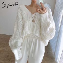 Syiwidii Vintage Criss-Cross Cardigan Woman Sweaters Fall Winter Raglan Sleeve V Neck Button Up Jackets Knitted Short Coats 211215