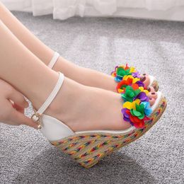 2021 summer new slope heel high heel sandals female large size bride sandals flowers sexy banquet dress bridesmaid wedding shoes