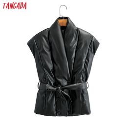 Tangada Women Black Faux Leather Parkas Jacket with Slash Sleeveless Loose Oversize Coat AM34 210916