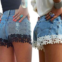 female decals High Waist Lace Shorts Summer Women's Beach Resort Bohemia Short Jeans Hole Washed Denim Shorts Female 210611