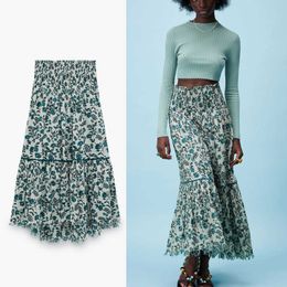 Za Floral Print Blue Summer Skirt Women Vintage High Waist Pleated Midi Skirts Woman Fashion Elastic Smocked Waist Skrit 210602