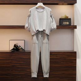 Two piece set Ladies Sports Suit summer 2021 New Casual O neck Sweatshirt Sweatpants Grey Large Size Two piece suit 4XL cloth Y0625