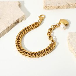 Link, Chain Stainless Steel Freshwater Pearl Shell Pendant Bracelet 18K Gold Plated 10mm Wide Double Cuban Chunky Women Men