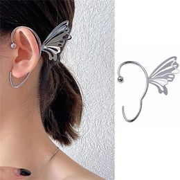 Vintage Silver Color Double Layer Hollow Butterfly Metal Earring for Women Ear Clip Hook Trendy Jewelry