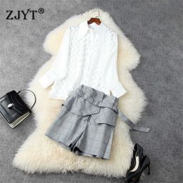 Spring Elegant Designer Women Two Piece Outfits Spring Office Lady White Chiffon Blouse and Plaid Shorts Suit Set Twinset 210601