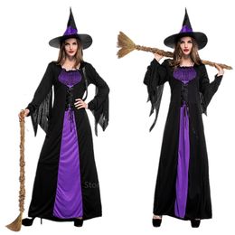 Halloween Witch Vampire Kostiumy dla Kobiet Dorosłych Straszny Fioletowy Carnival Party Performance Dramat Masquerade Odzież z Kapeluszem