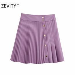 Zevity Women sweet single breasted pleated patchwork mini skirt faldas mujer female casual brand chic PU leather skirts QUN690 210309