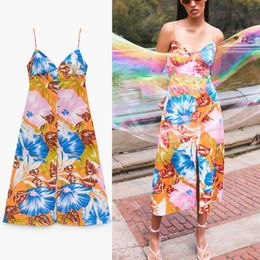 Za Tropical Print Long Beach Dress Women Sleeveless Straps Backless Sexy Party Dresses Woman Back Opening Summer Dress 210602