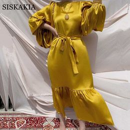 Siskakia Fashion Puff Sleeve Maxi Dresses for Women Eid 2021 Solid Satin Ruffle Mermaid Hem Elegant Dubai Arabic Long Dress New Y0726