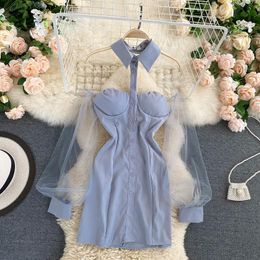 Autumn New Fashion Hollow-out Lapel Mesh Long Sleeve Sexy Dress Women Vestido Feminino P215 210309