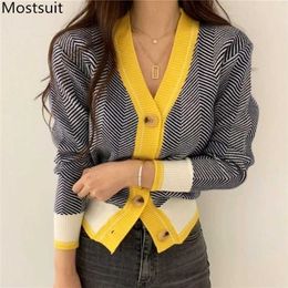 V-neck Single-breasted Korean Cardigan Sweater Women Autumn Winter Color-blocked Long Sleeve Fashion Elegant Ladies Tops 211103