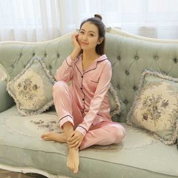 Womens Satin Pajamas Sets Two Piece Faker Silk Smooth Sleepwear Sexy Homewear Long Sleeve Top Pants Female Nightwear Sets Autumn Q0706