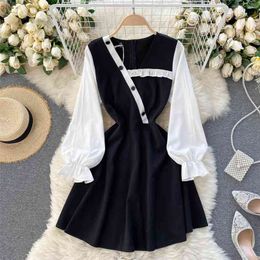 Fashion Women Contrast Black Wood Ear Long Sleeve High Waist Slim A-line Dress Elegant Vintage Vestidos R579 210527