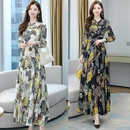 Casual Dresses Women Dress Autumn 2021 Office Lady Korea Style Long Sleeve Floral Print Chiffon O-Neck Thin High Waist Zipper