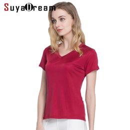 SuyaDream Women Silk T shirt Natural Short Sleeve Solid V neck Top Shirt white black Bottoming Shirts 210623