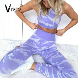 Women's Fitness Wear Tank Top And Leggings 2 Piece Set Fashion Female Camouflage Printed High Waist Legging Pants Workout Suit Y0625
