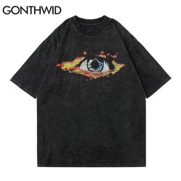 GONTHWID Distressed Tees Shirts Fire Flame Eye Print Short Sleeve Tshirts Streetwear Hip Hop Harajuku Casual Cotton Loose Tops G1229