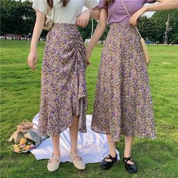 Vintage Floral Print Ruffle Pleated Long Skirts summer Women Korean Skirt Streetwear Drawstring Elastic Waist Midi Skirt 210309