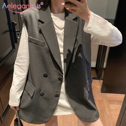 Aelegantmis Korean Casual Office Lady Blazer Vest Women Chic Loose Sleeveless Coat Female Vintage Single Breasted Waistcoat OL 210607