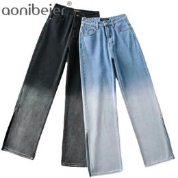 Ombre Jeans Summer Fashion High Waist Women Long Trousers Split Hem Female Casual Straight Denim Pants Light Blue 210604